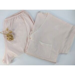 FLIRTY🌸Vtg Miss Elaine PJ Set Satiny Sexy Set Shorts LaceTrim Pink SingleStitch